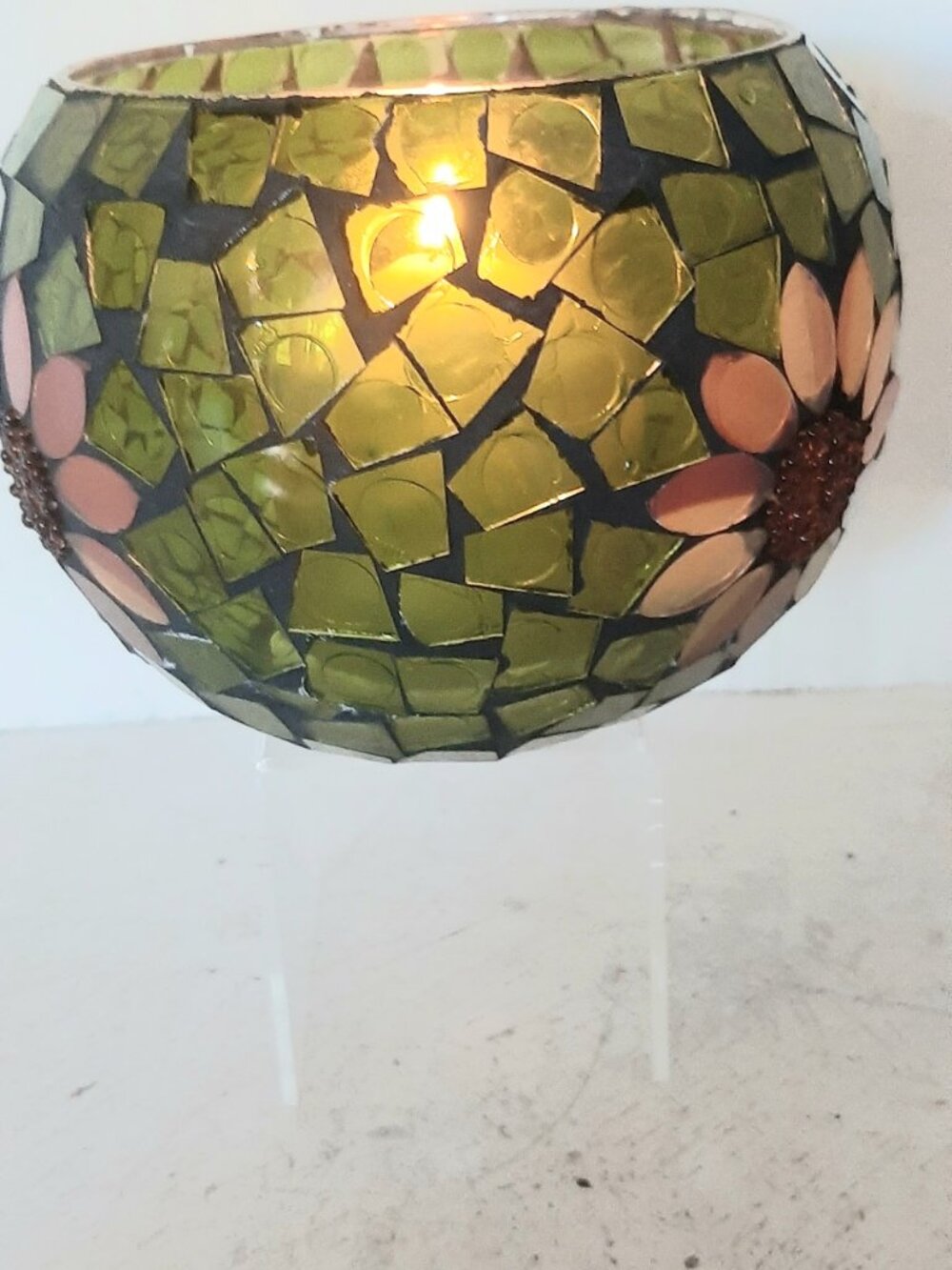 Green mosaic Sunflower Rosebowl style candle holde - Picture 2 of 7